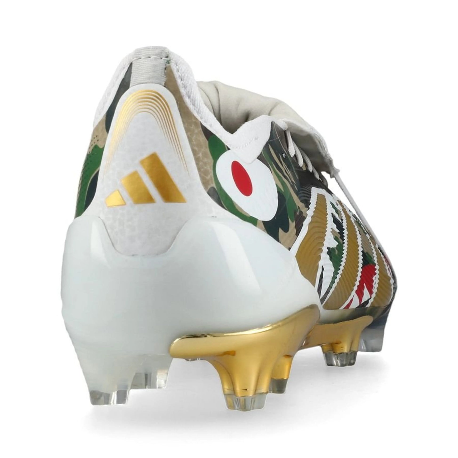 back view of the adidas Predator Elite Fold-over Tongue FG BAPE Pack in a White/Gold/Green colorway 