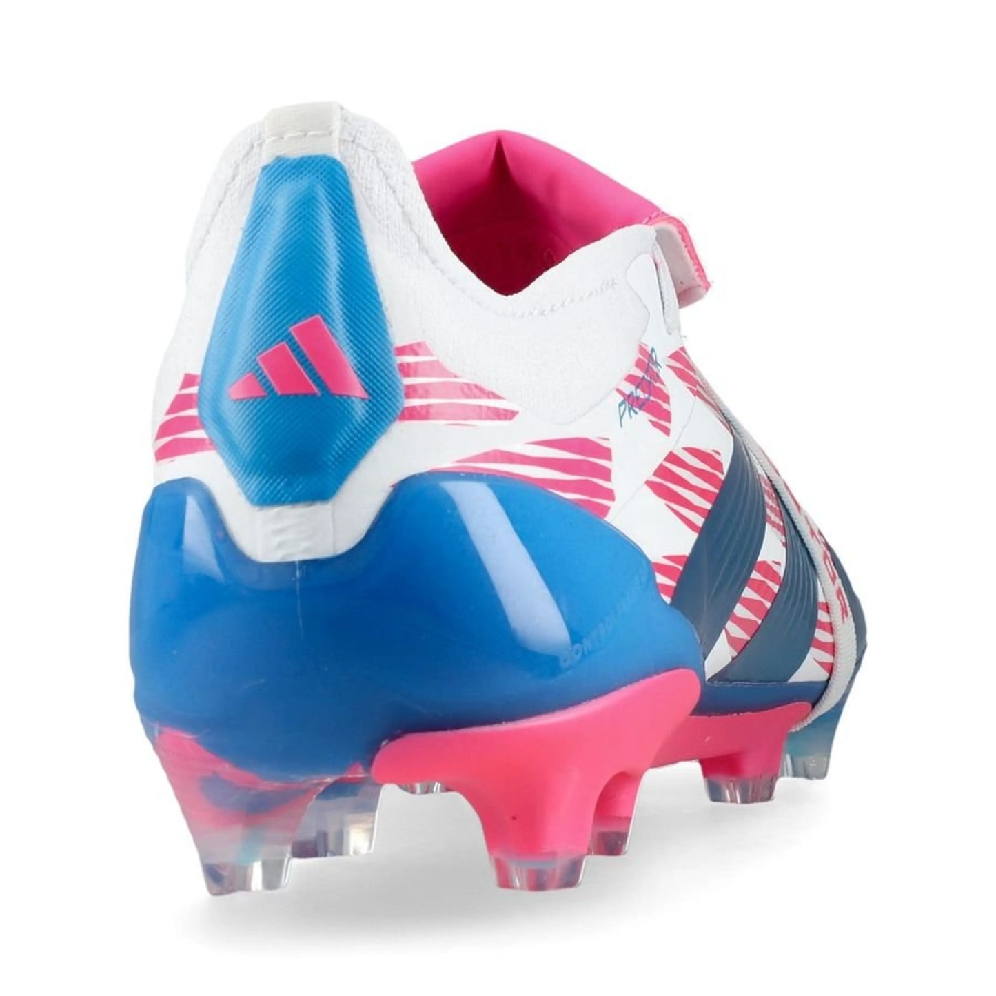 back view of the adidas Predator Elite Fold-over Tongue FG "Reemergence" Pack in a White/Pink/Blue colorway