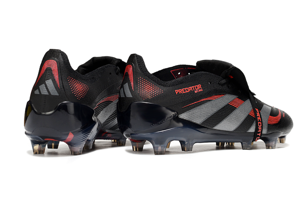 back view of the adidas Predator Elite Fold-over Tongue FG "Stealth Victory" Pack in a Black/Copper/Red colorway