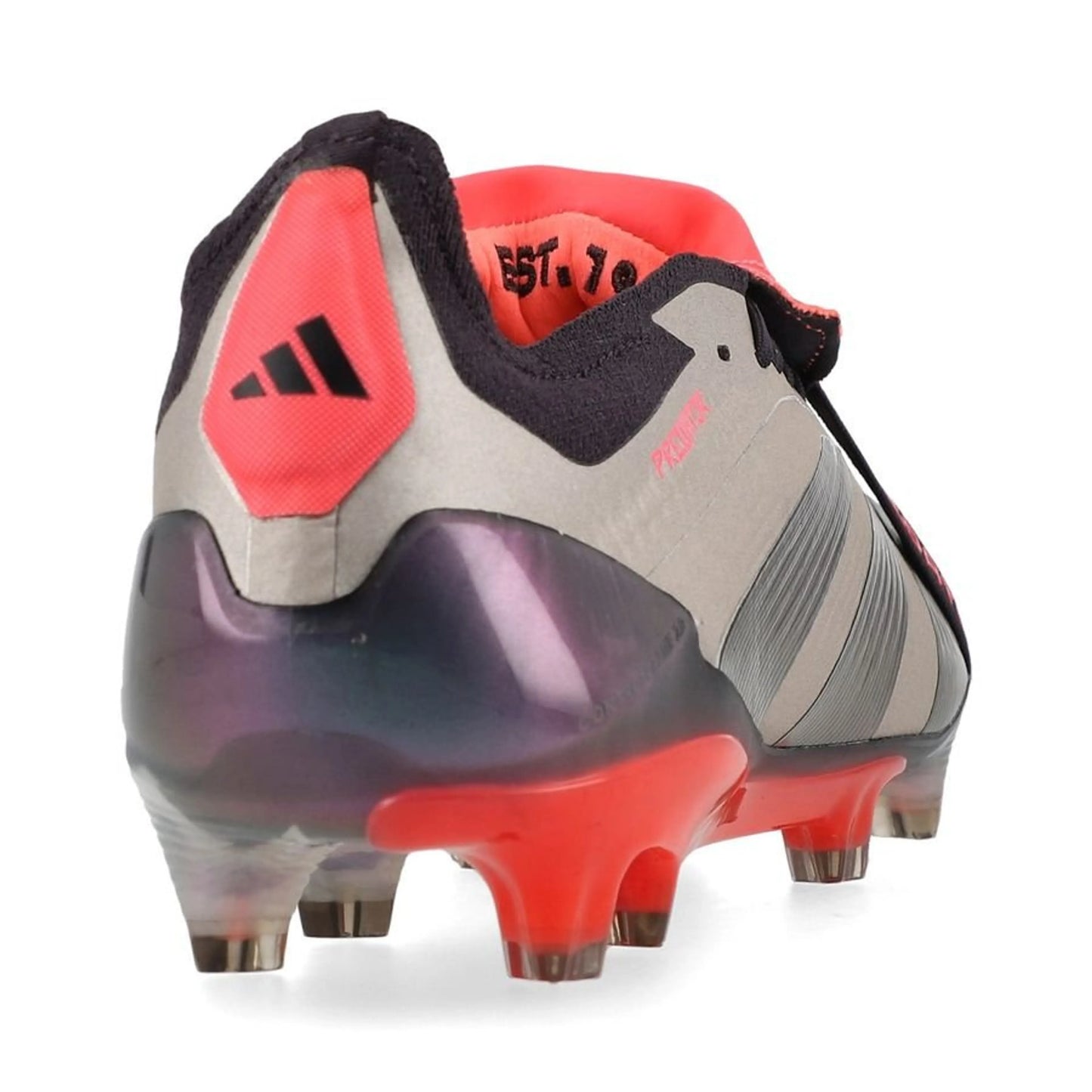 back view of the adidas Predator Elite Fold-over Tongue FG "Vivid Horizon" Pack in a Grey/Black/Red colorway