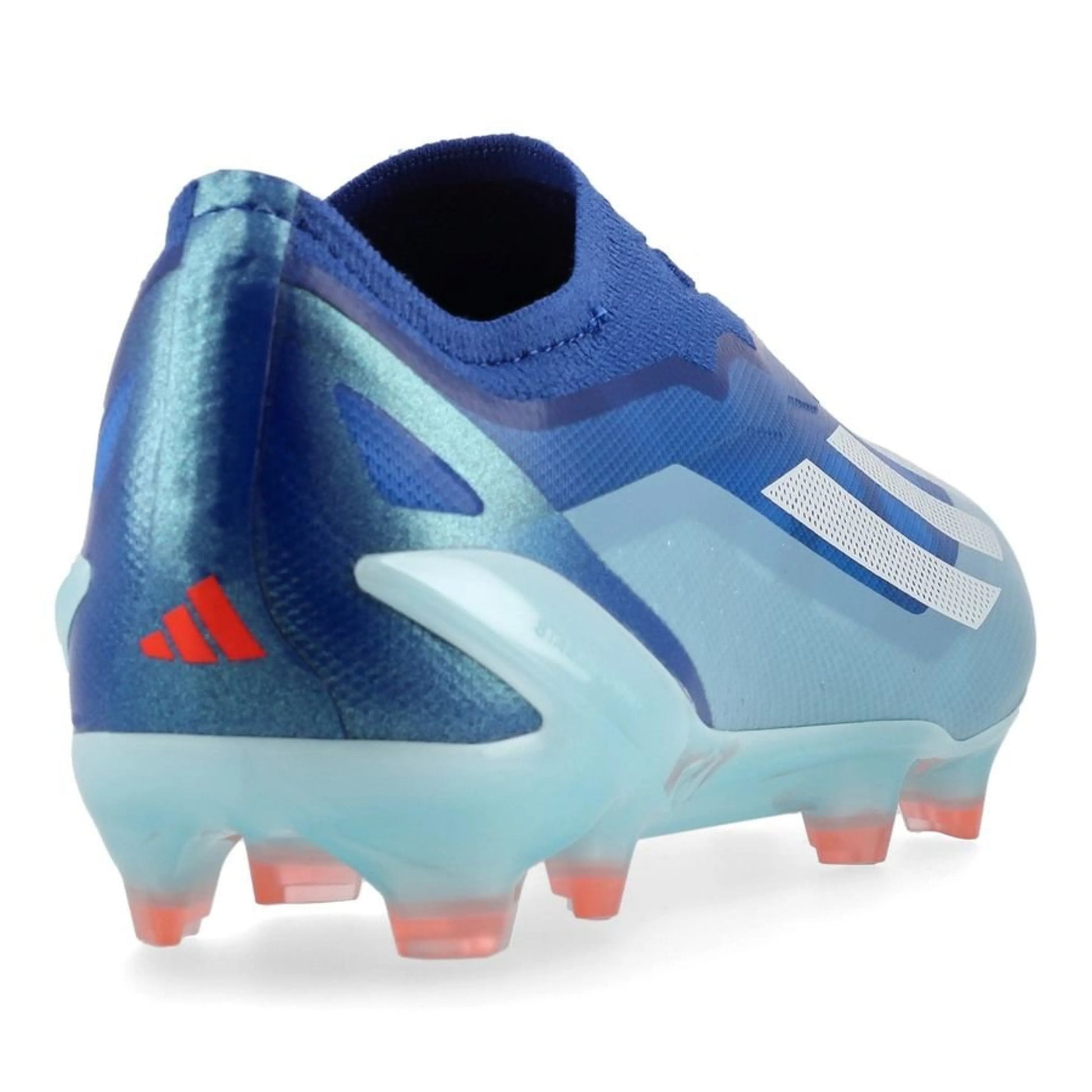 back view of the adidas X Crazyfast .1 Laceless FG "Marinerush" Pack in a Blue/White/Pink colorway