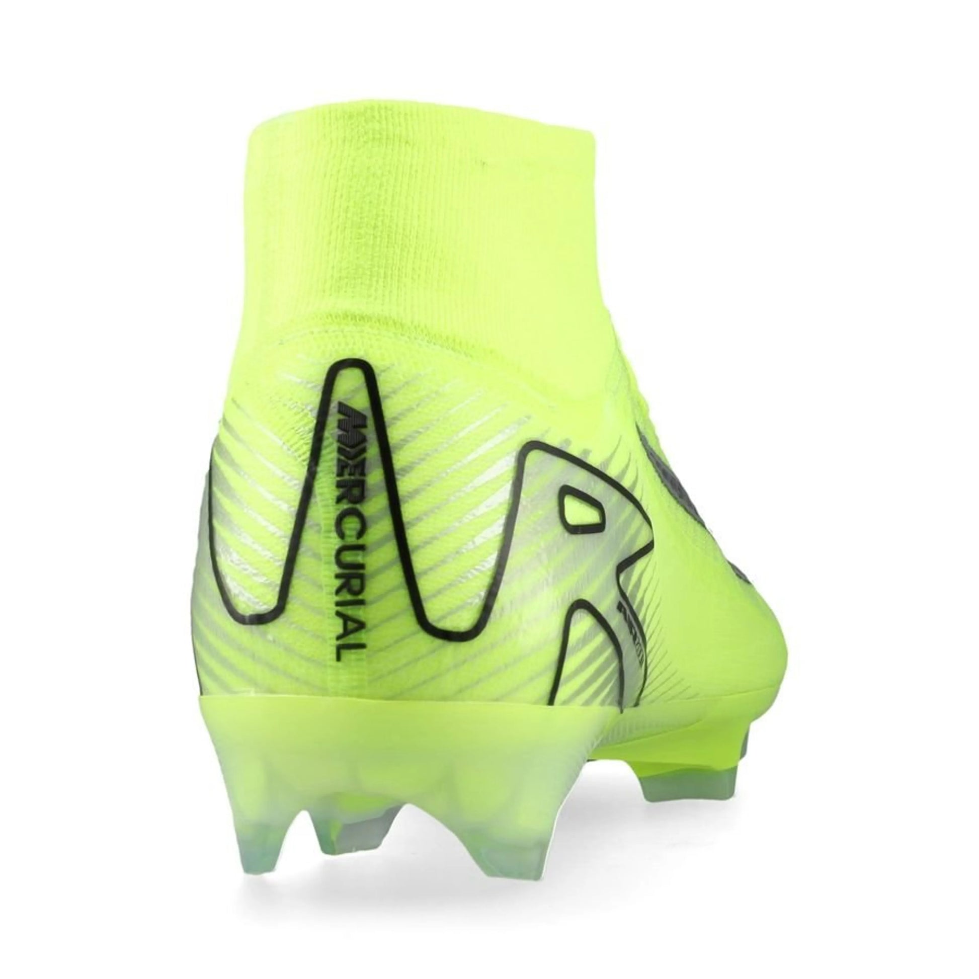 back view of the Nike Air Zoom Mercurial Superfly 10 Elite FG "Mad Voltage" Pack in a Neon/Black colorway