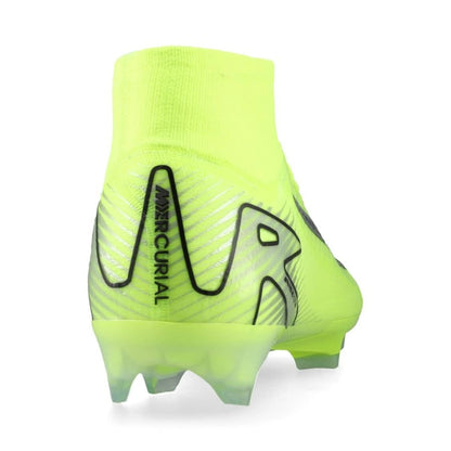 back view of the Nike Air Zoom Mercurial Superfly 10 Elite FG "Mad Voltage" Pack in a Neon/Black colorway
