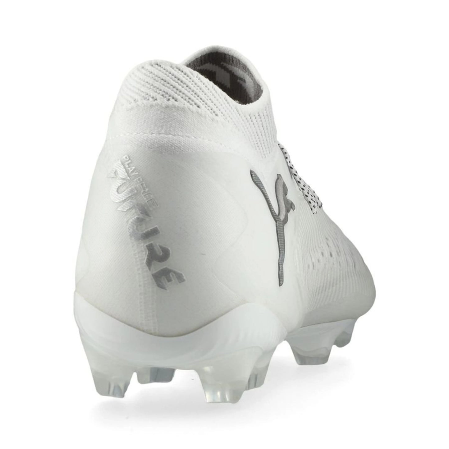 back view of the PUMA Future 8 Ultimate FG White Pack in White/Silver colorway