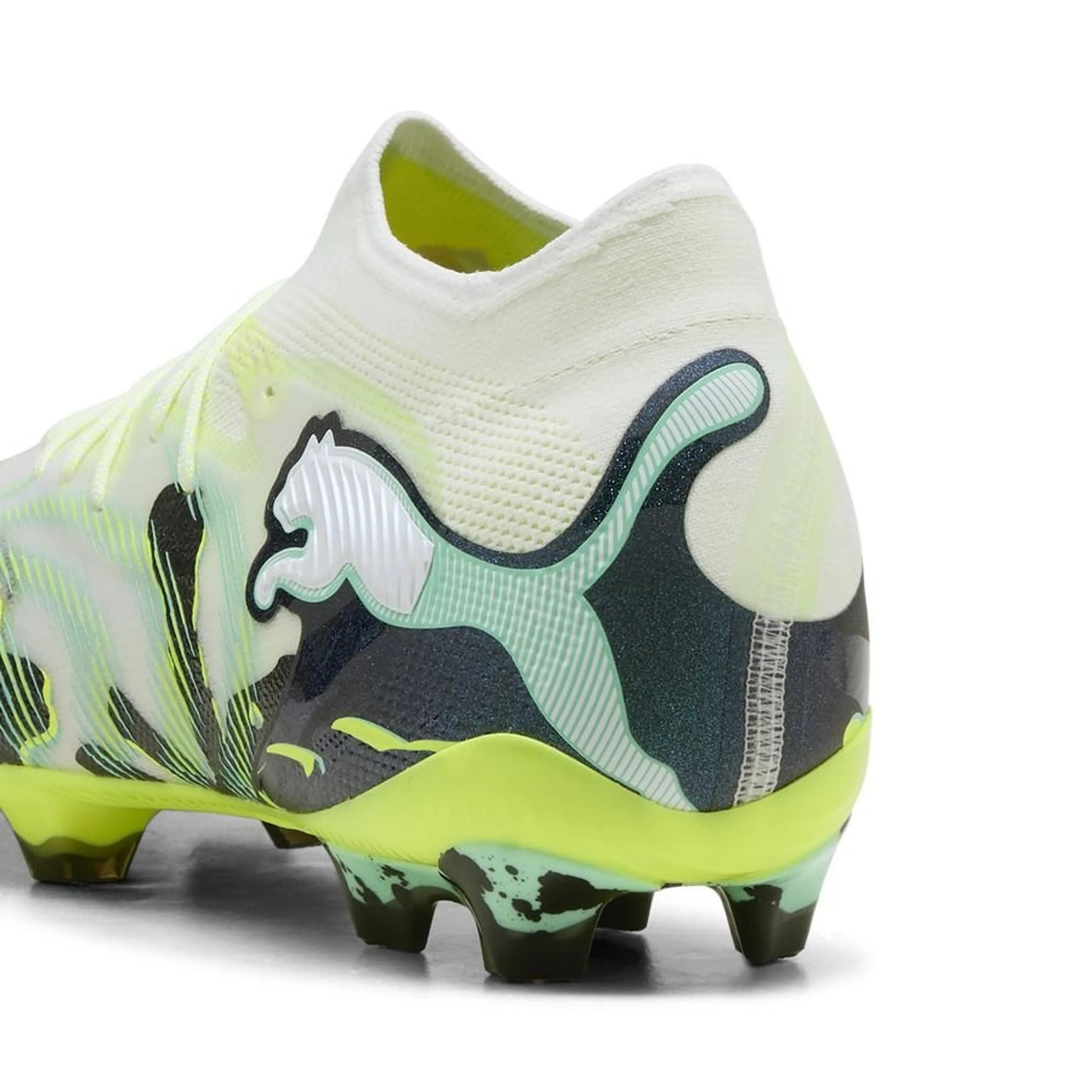 back view of the PUMA Future 9 Ultimate FG Creativity in Yellow/Mint /White/Black colorway
