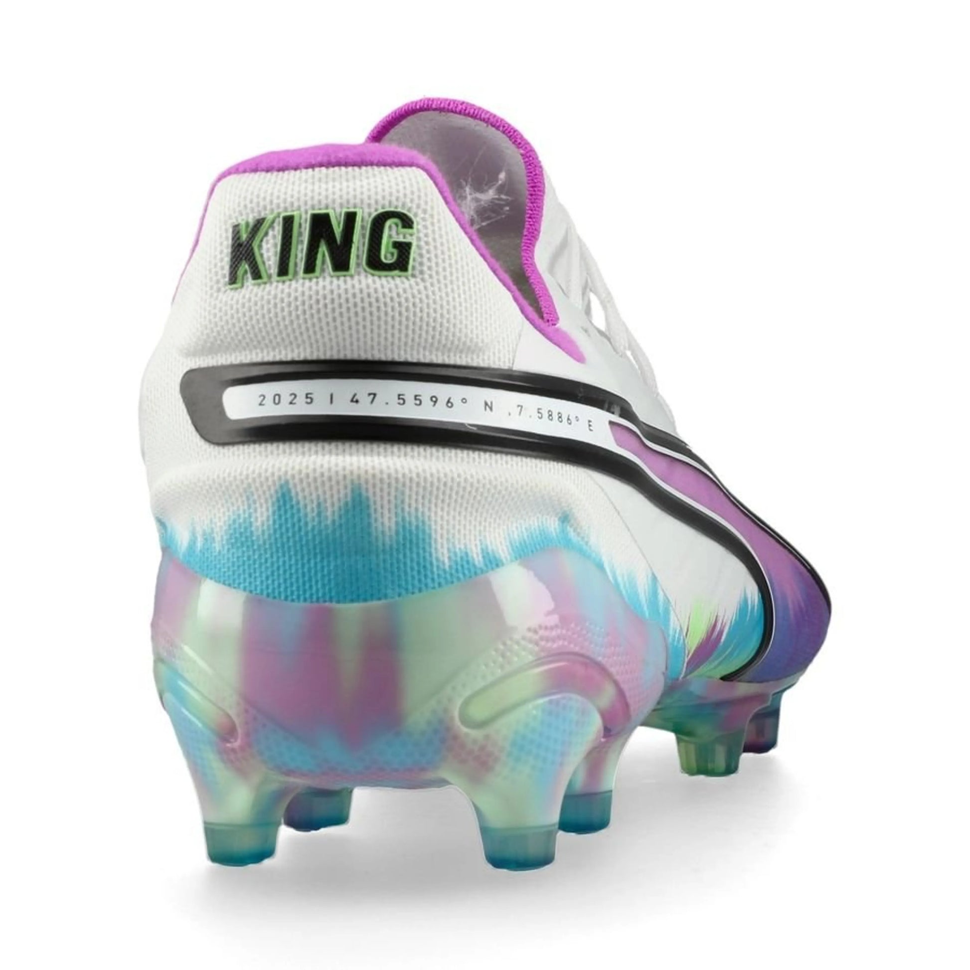back view of the PUMA King Ultimate FG/AG Brilliance Pack in White/Purple/Green colorway