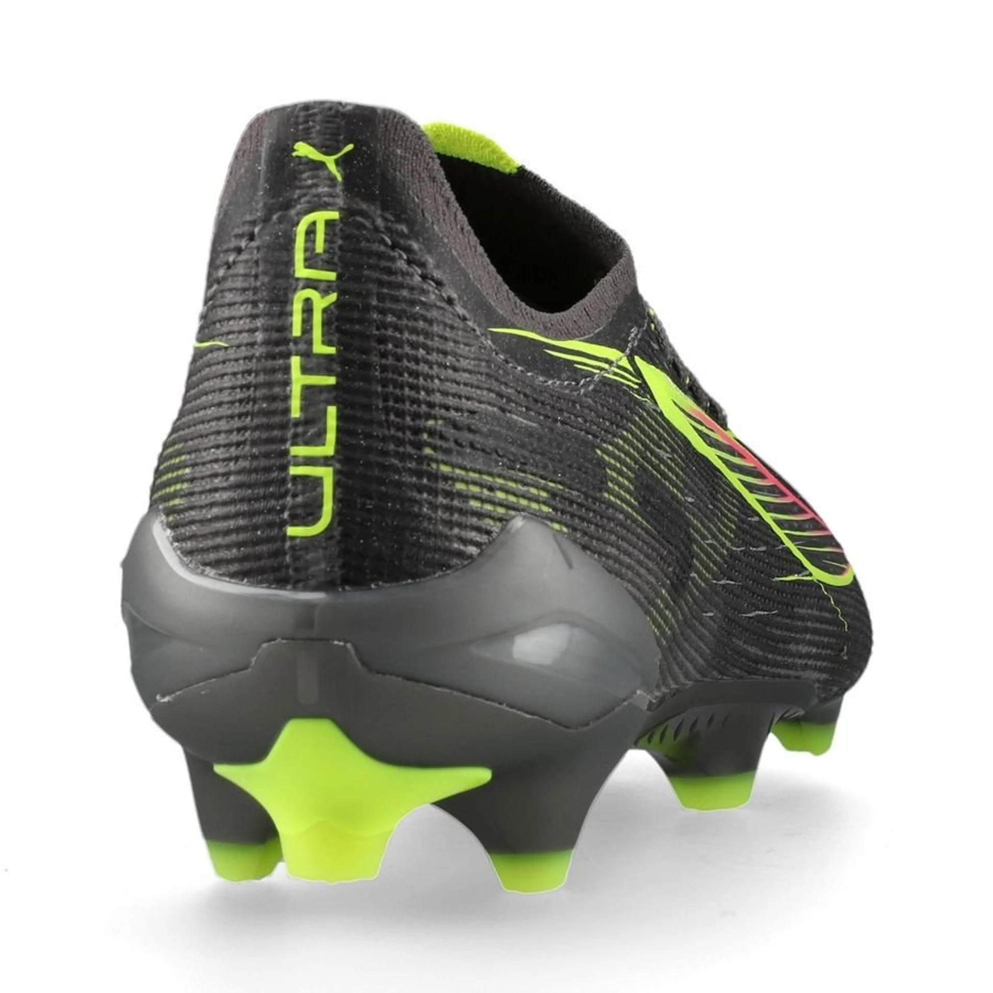 back view of the PUMA Ultra 5 Ultimate FG Audacity Pack in Silver/Yellow colorway