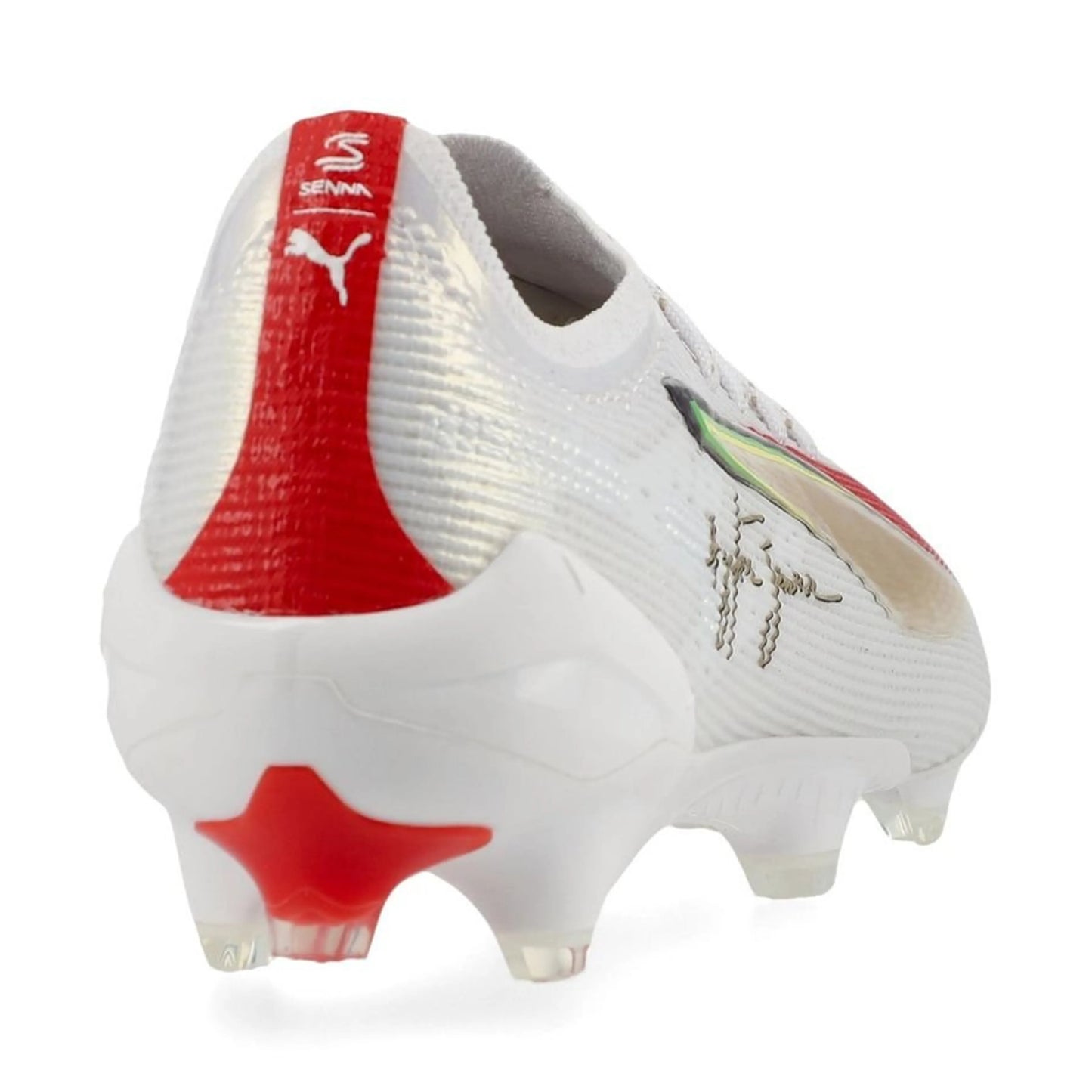 back view of the PUMA Ultra 5 Ultimate FG Senna in White/Gold/Red colorway