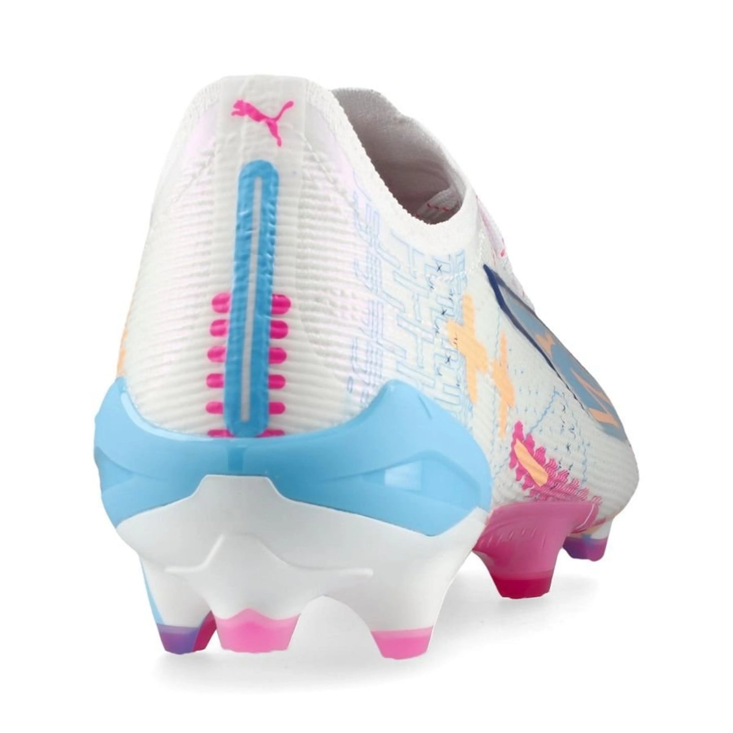 back view of the PUMA Ultra 5 Ultimate FG Volume Up Pack in White/Blue/Pink/Orange colorway