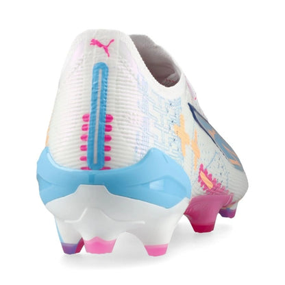 back view of the PUMA Ultra 5 Ultimate FG Volume Up Pack in White/Blue/Pink/Orange colorway