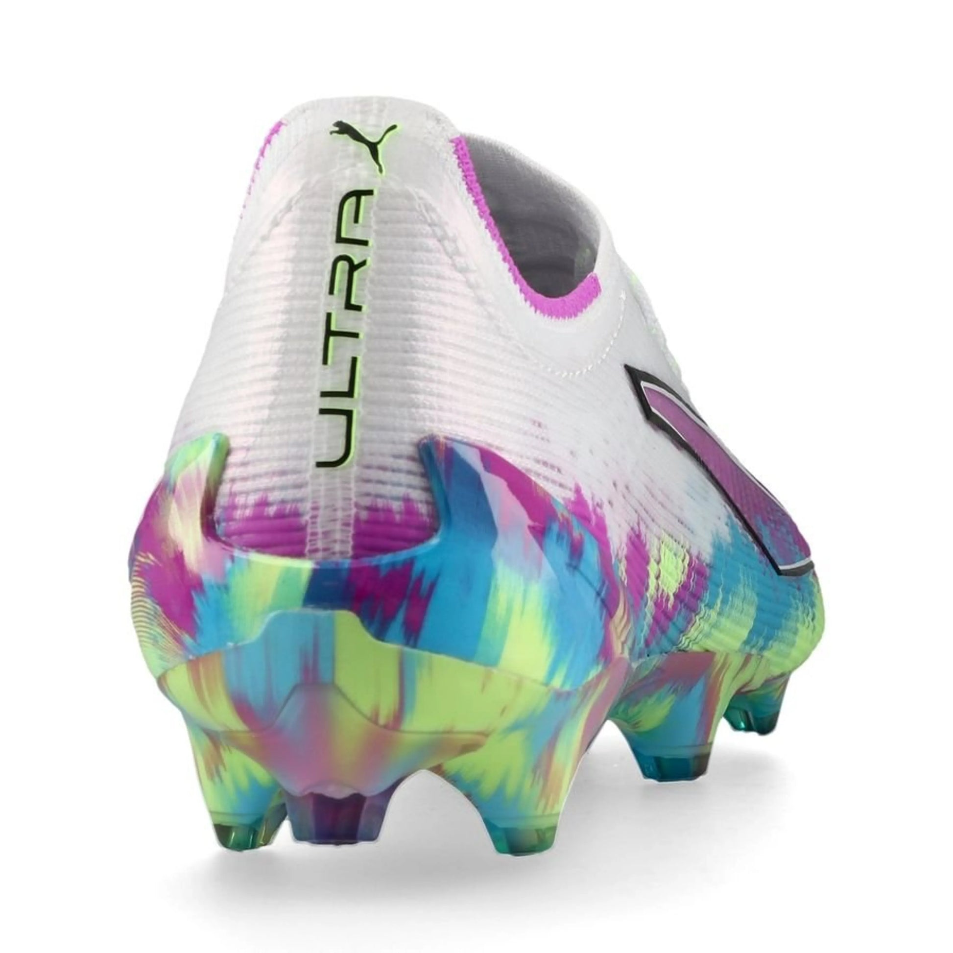 back view of the PUMA Ultra 6 Ultimate FG Brilliance Pack in White/Green/Purple colorway