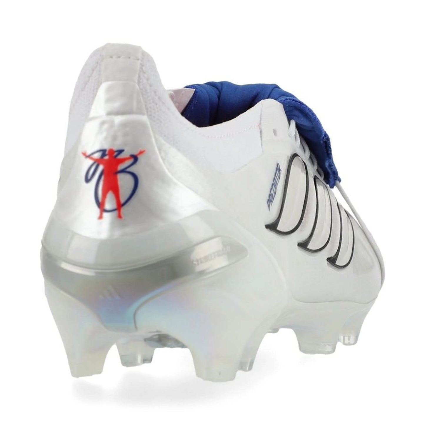 back view of the adidas Predator Elite Fold-over Tongue FG Icon Takeover in White/Metallic/Blue colorway