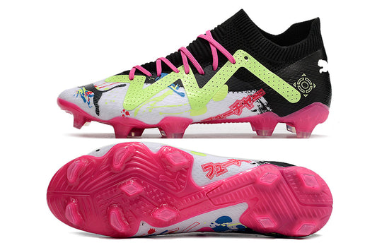 Puma future ultimate, white/pink/black, available in FG and turf.