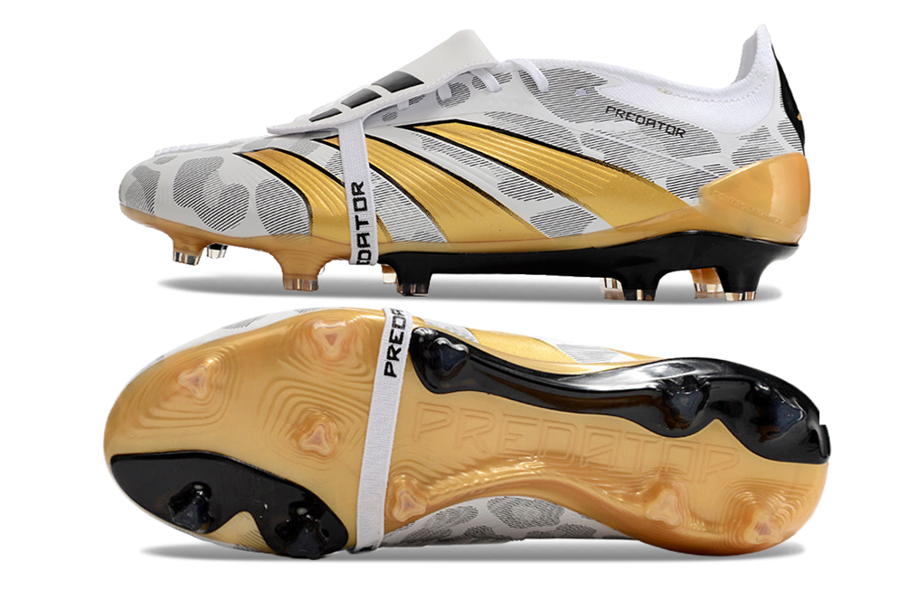 adidas predator elite, white/gold, available in FG (with laces and without), and with tongue.