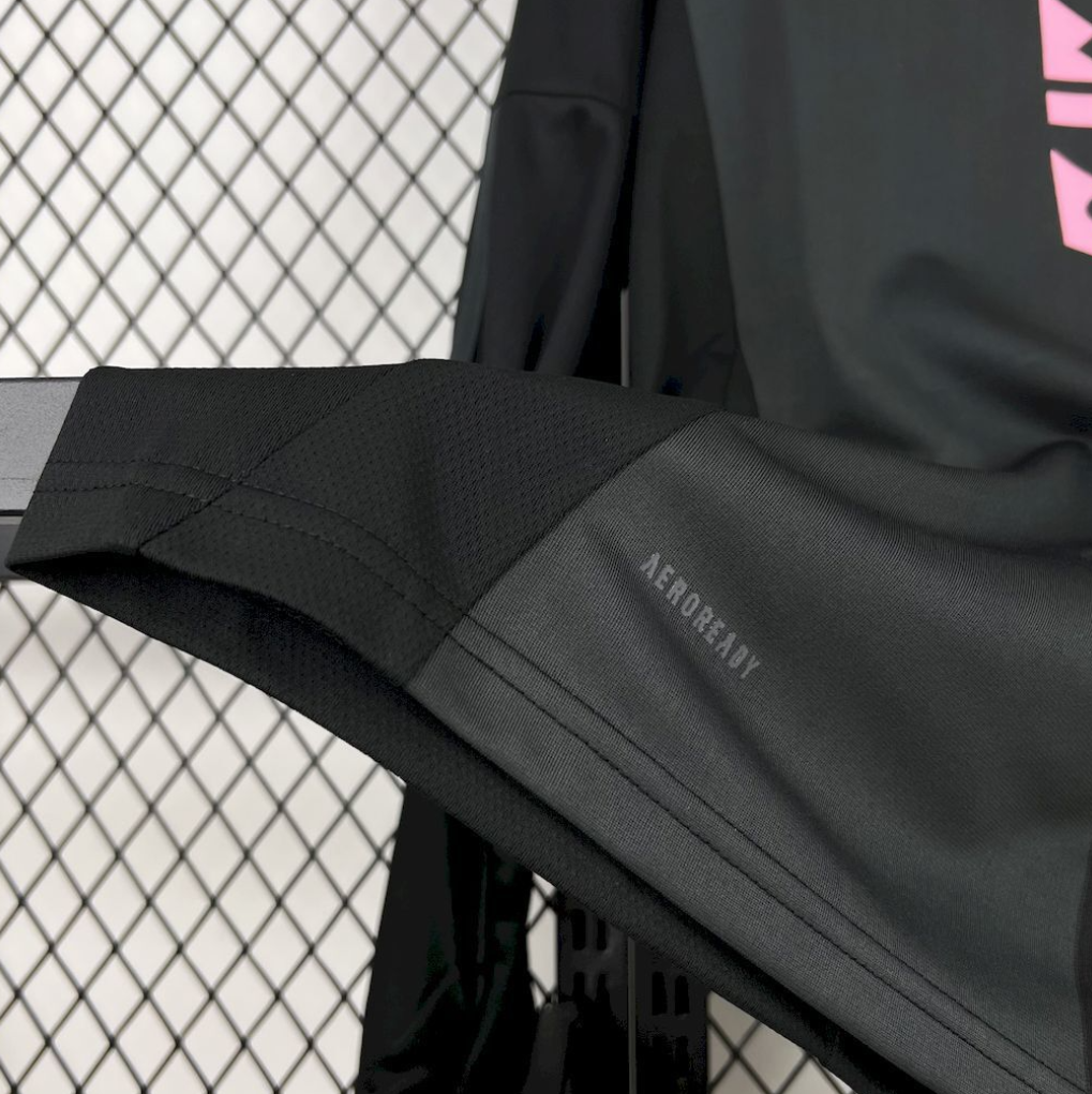 bottom left view of the Inter Miami 25/26 Away Long Sleeve Black and pink Football Jersey Designed By Adidas