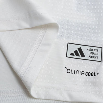 bottom left view of the adidas Germany 2026 World Cup Home Authentic Long Sleeve Jersey in White Black Red Yellow