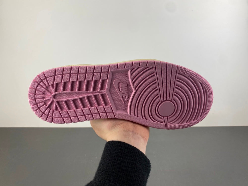 bottom view of the Air Jordan 1 Retro Low OG SP x Travis Scott 'Shy Pink' (2026) Muslin/Shy Pink-Sail-University Red IQ7604-100