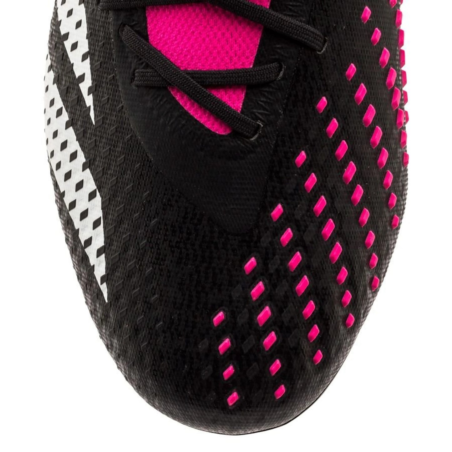 close front view of the adidas Predator Accuracy .1 FG "Own Your Football" pack in a Black/White/Pink colorway