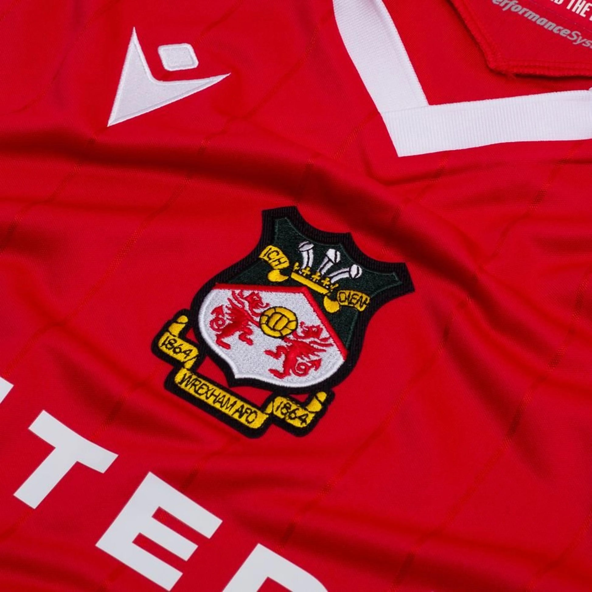 close up view of the Macron Wrexham AFC Home Shirt 2025/26