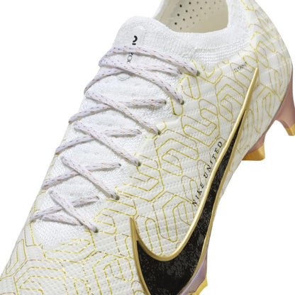 close up view of the Nike Air Zoom Mercurial Vapor 15 Elite FG "United Golden" pack in a White/Black/Gold colorway