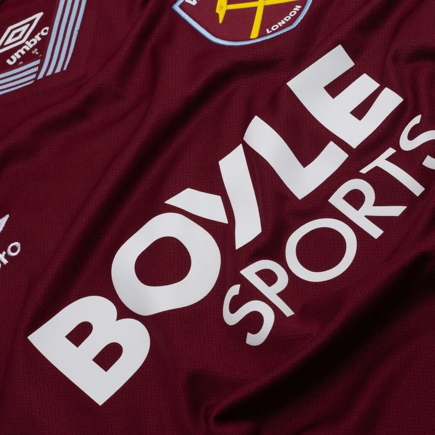 close up view of the Umbro West Ham United 2025/26 Home Red Shirt