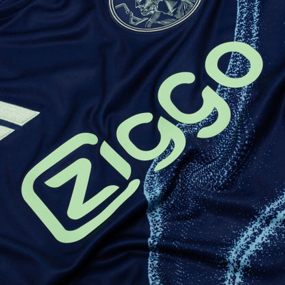 close up view of the adidas Ajax 2025/26 Away Blue Shirt