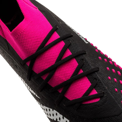 close up view of the adidas Predator Accuracy .1 FG "Own Your Football" pack in a Black/White/Pink colorway