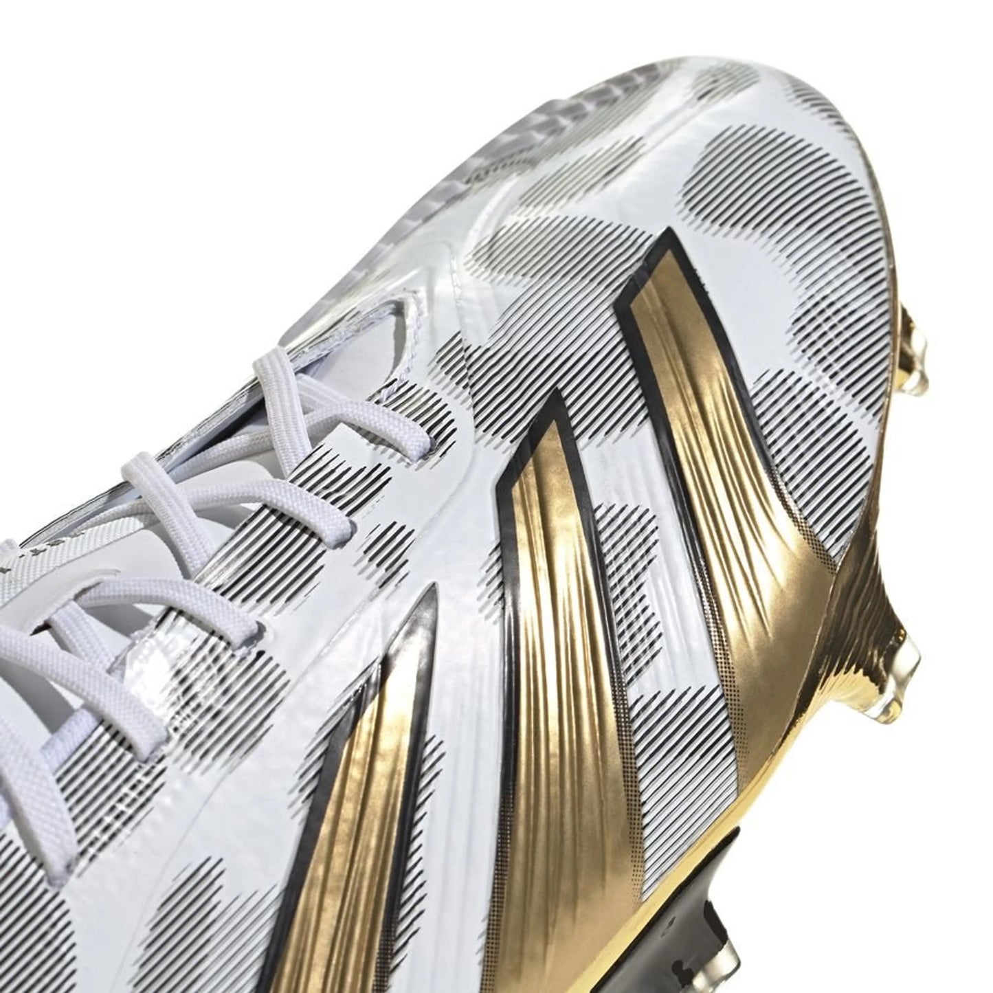 close up view of the adidas Predator Elite FG "Generation Pred 2.0" pack in a White/Black/Gold colorway