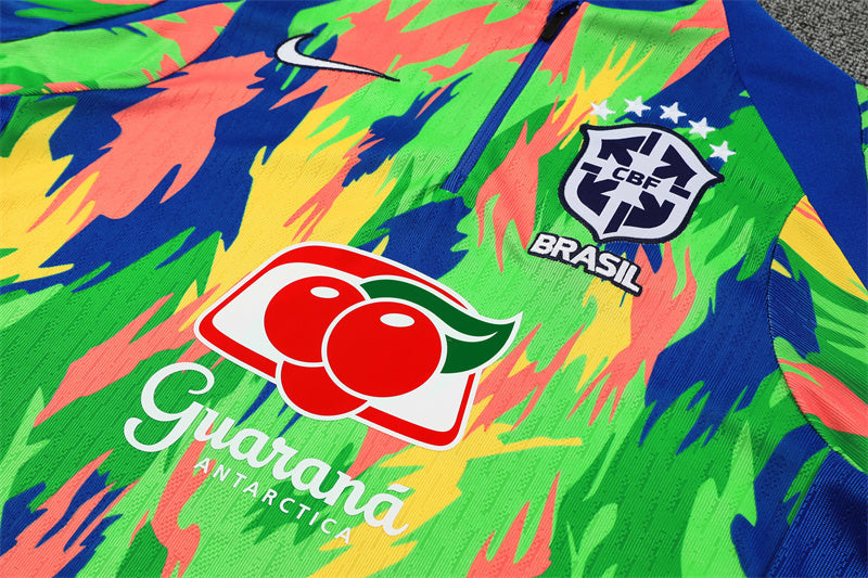 close up view on the Nike Brazil 2025/26 Multi-Color/Navy Quarter-Zip Soccer Tracksuit