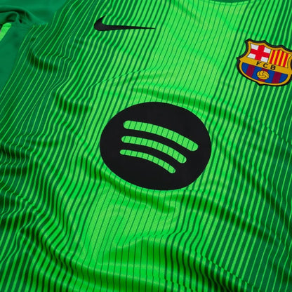 close up view on the Nike FC Barcelona 2025/26 Home Goalkeeper Shirt in Green/Black