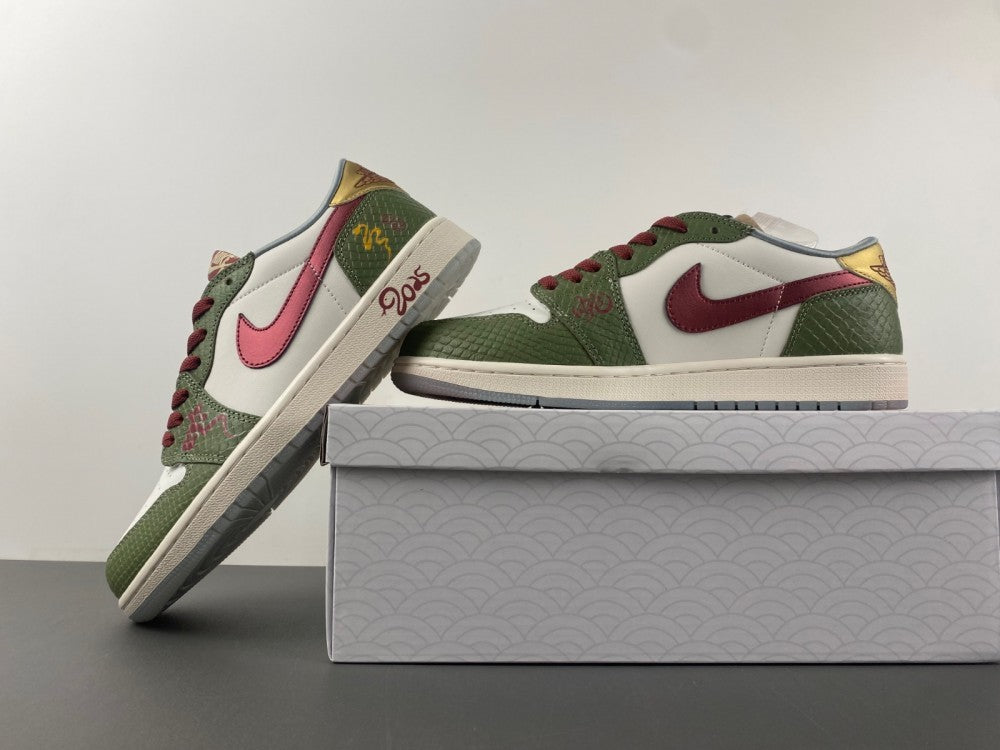 close view of the Air Jordan 1 Retro Low OG 'Year of the Snake' (2025) Summit White/Photon Dust-Barely Green HF3144-100