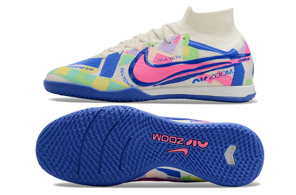 Nike air zoom mercurial superfly 9 elite, white/colorful, available in FG, turf, futsal, and metal-SG.