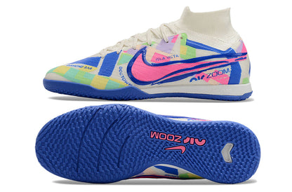 Nike air zoom mercurial superfly 9 elite, white/colorful, available in FG, turf, futsal, and metal-SG.