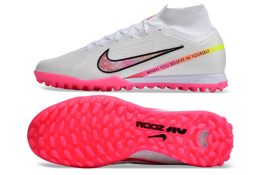 nike air zoom mercurial superfly 9 elite turf in white/pink