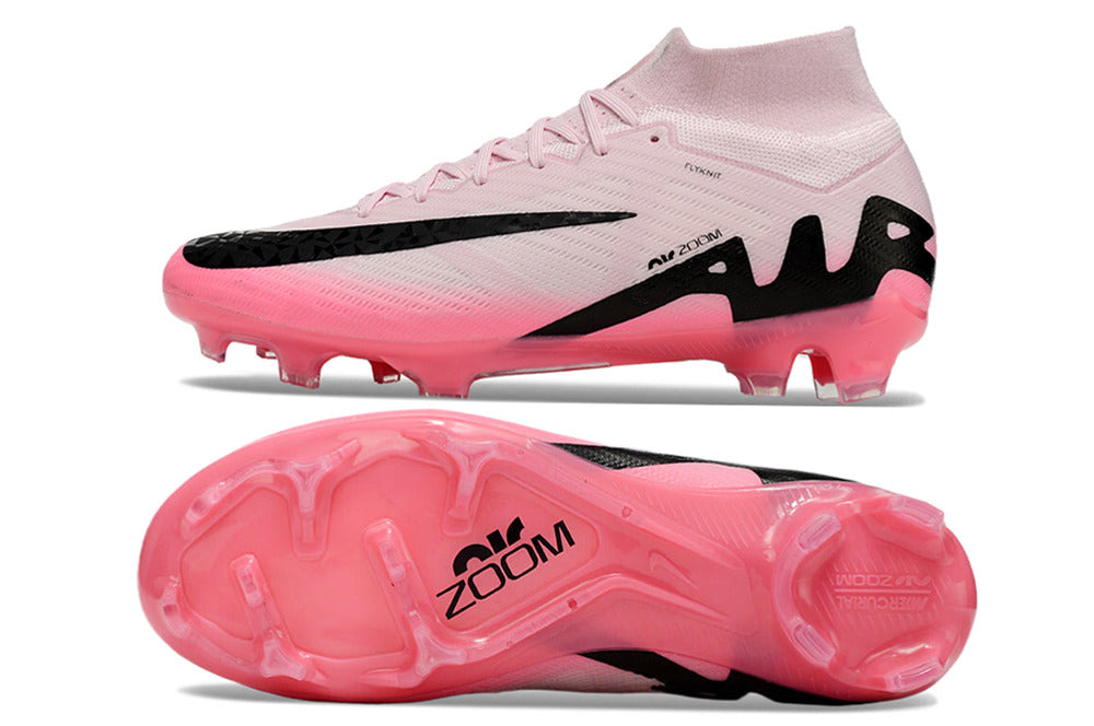Nike air zoom mercurial superfly 9 elite, pink/black, available in FG, turf, futsal, and metal-SG.