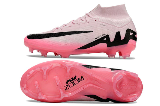 Nike air zoom mercurial superfly 9 elite, pink/black, available in FG, turf, futsal, and metal-SG.