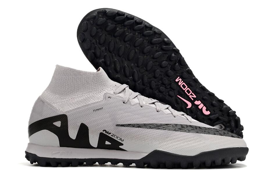 Nike air zoom mercurial superfly 9 elite, grey/black, available in FG, turf, and futsal.