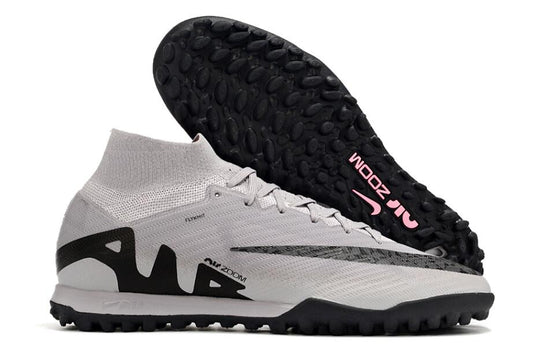 Nike air zoom mercurial superfly 9 elite, grey/black, available in FG, turf, and futsal.