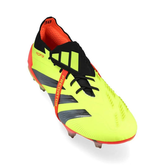 front view of the Adidas Predator 24 Elite FG Foldover Tongue (FT) "Energy Citrus" in a Yellow/Black/Red colorway