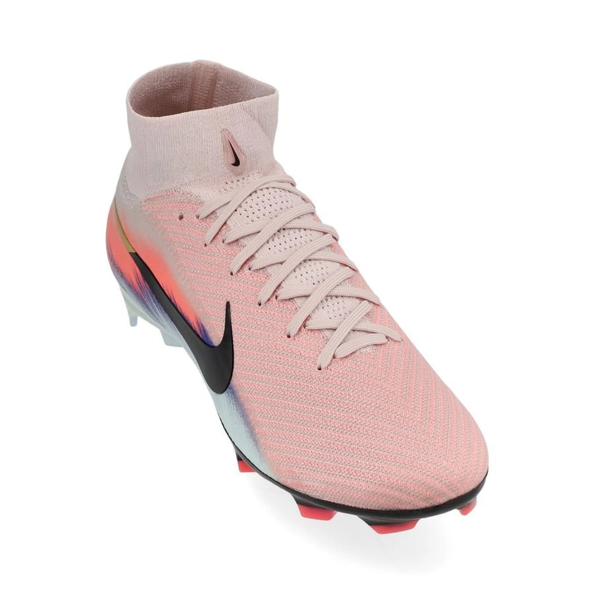 front view of the Nike Air Zoom Mercurial Superfly 10 Elite FG "United Chapter 2" Pack in a Pink/Blue/Black colorway