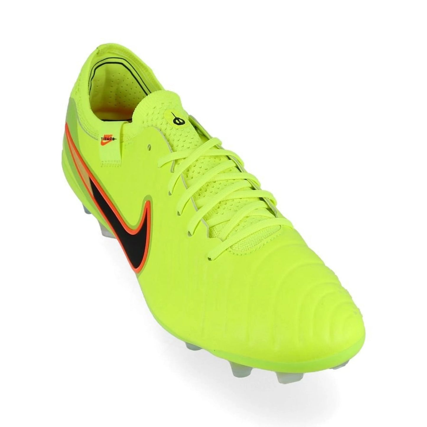 front view of the Nike Tiempo Legend 10 Elite FG "Max Voltage" Pack Neon/Black/Orange colorway