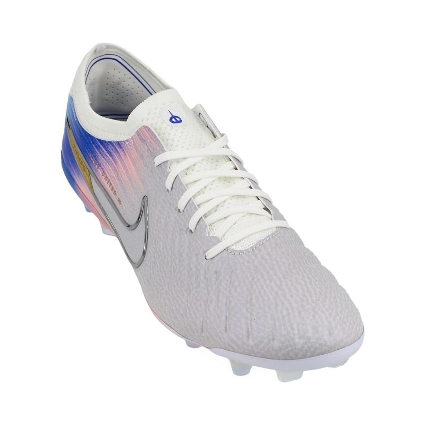 front view of the Nike Tiempo Legend 10 Elite FG "United Chapter 2" Pack in a White/Blue/Pink colorway