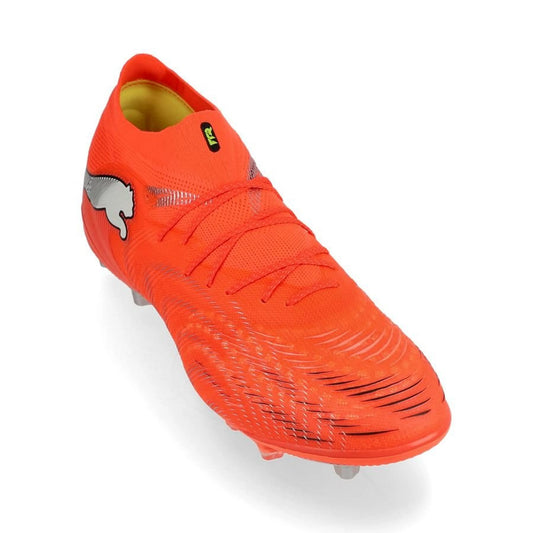 front view of the PUMA Future 9 Ultimate AG in Glowing Red / PUMA White / PUMA Black / Puma Silver (Unleashed Pack)