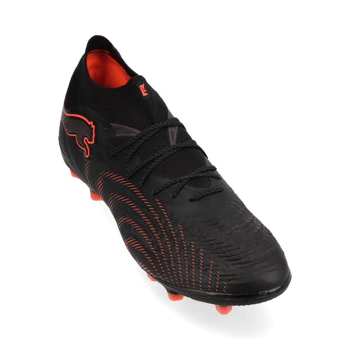 front view of the PUMA Future 9 Ultimate AG in PUMA Black / Glowing Red / Strong Gray (Eclipse Pack)