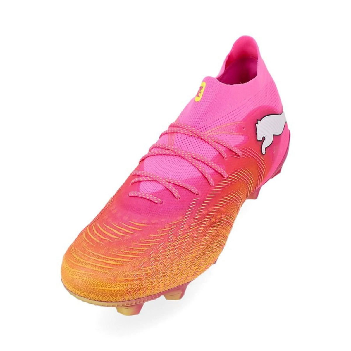 front view of the PUMA Future 9 Ultimate FG in Poison Pink / Sun Stream (Showtime Pack) 