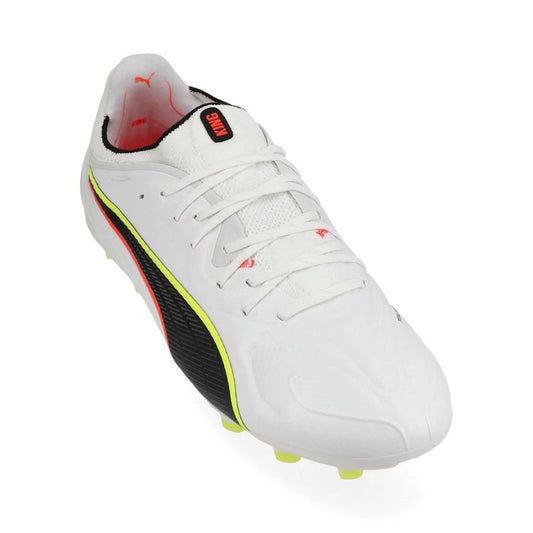 front view of the PUMA King 20 Ultimate FG/AG Unleashed in White/Red/Yellow colorway