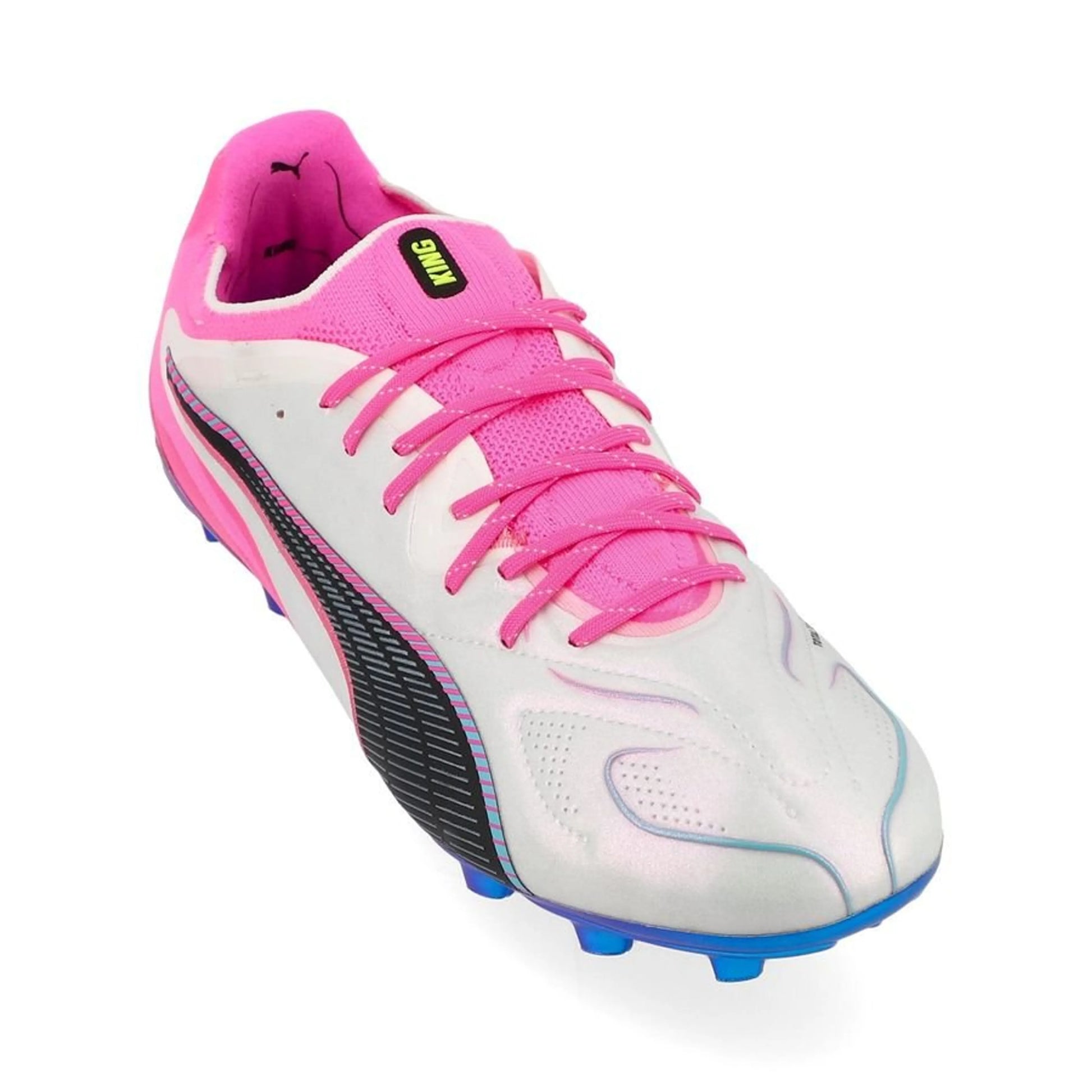 front view of the PUMA King 20 Ultimate FG/AG in PUMA White / Poison Pink / Bright Aqua (Showtime Pack)