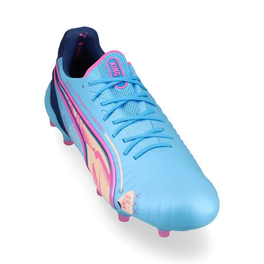 front view of the PUMA King Ultimate FG/AG "Volume Up" Pack in a Blue/Pink/Black colorway