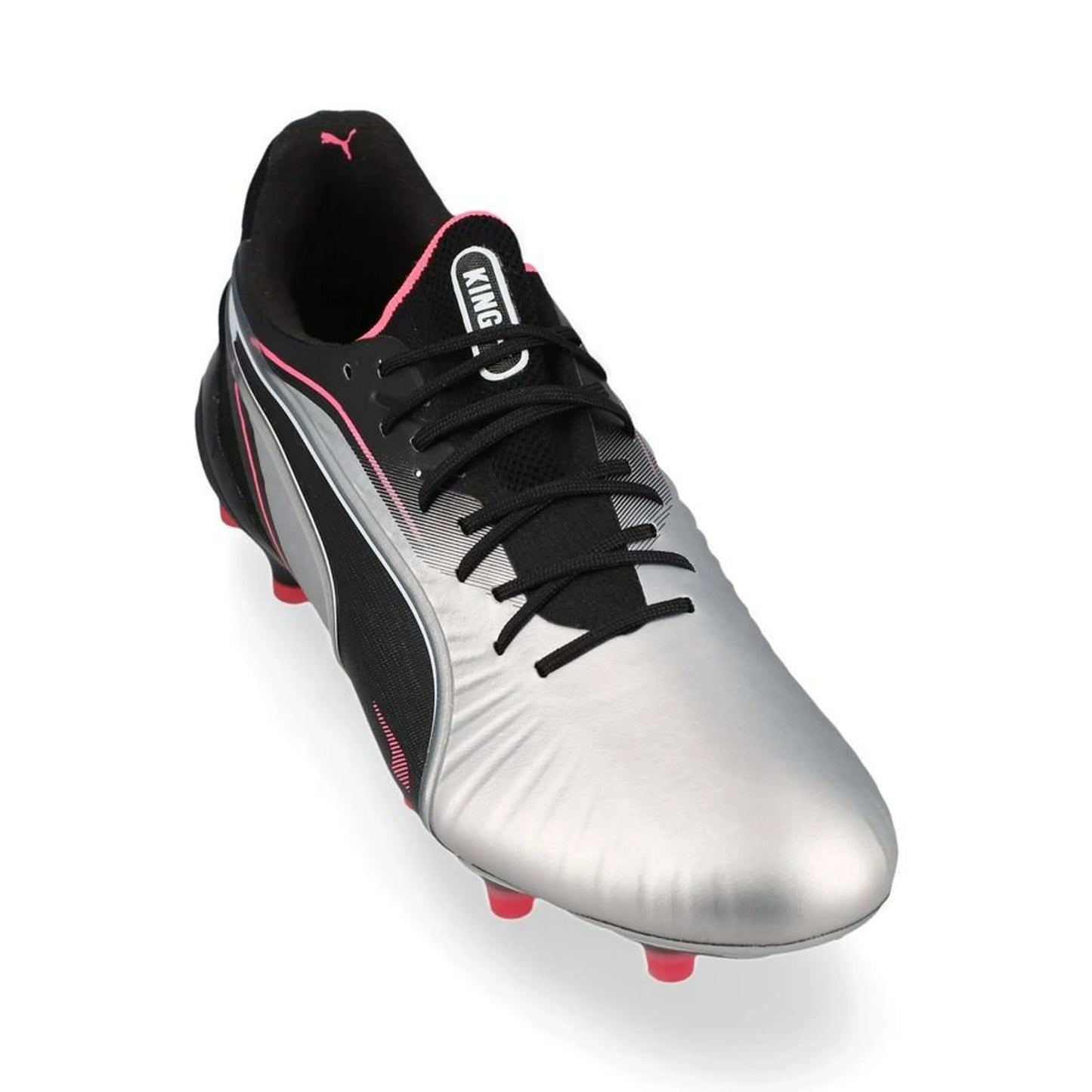 front view of the PUMA King Ultimate FG "Audacity" Pack in a Silver/Black colorway