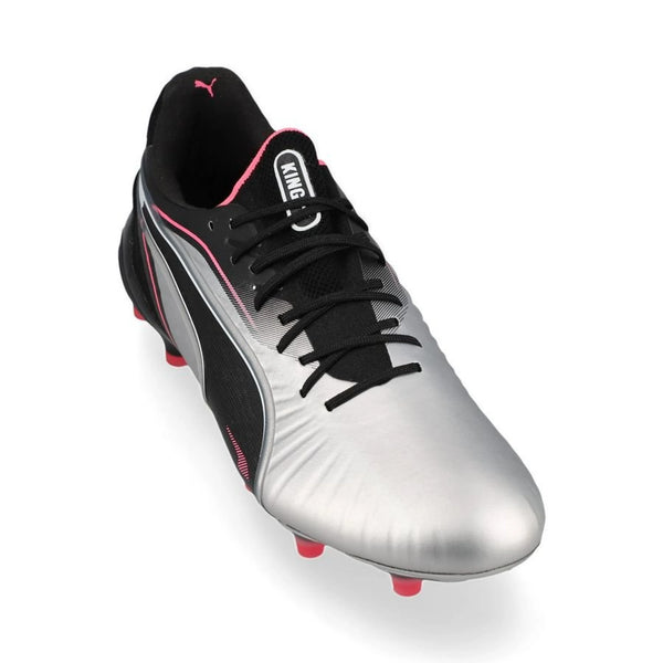 front view of the PUMA King Ultimate FG "Audacity" Pack in a Silver/Black colorway